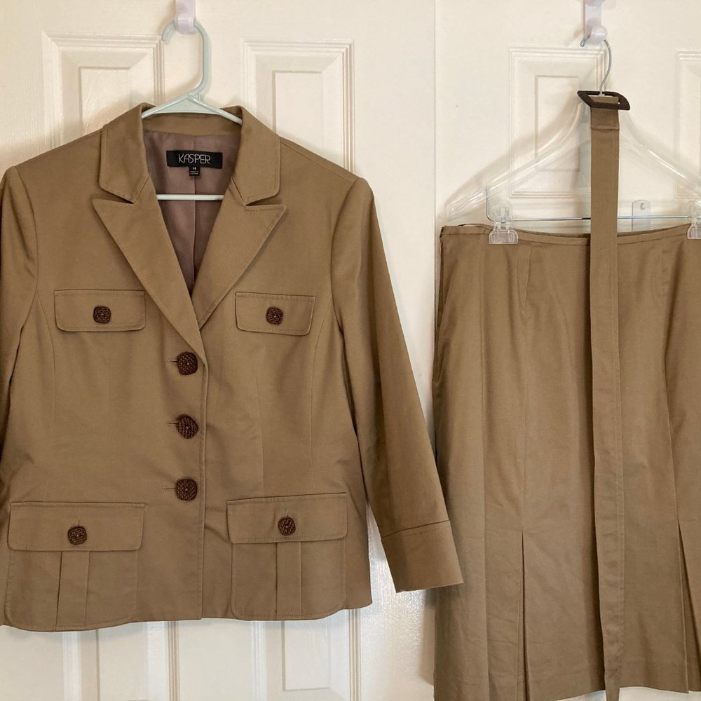 Khaki Suit with Pleated Skirt and Belt